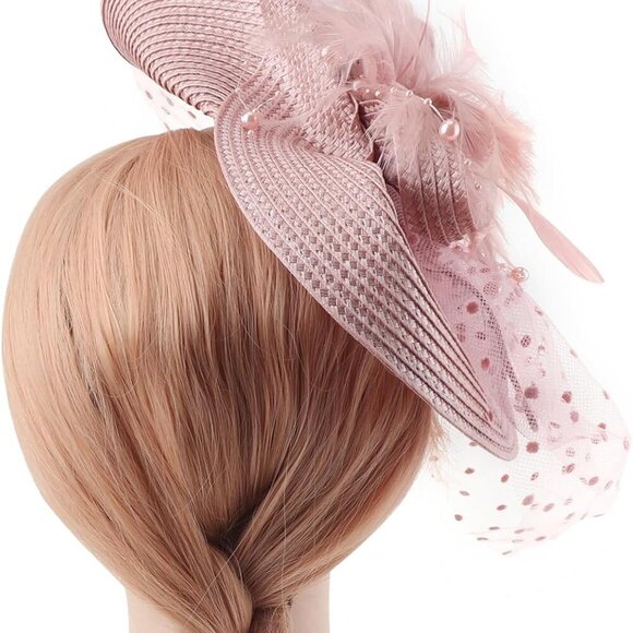 Fascinator Hat Mesh Veil Feathers Women’s Headwear Tea Party Church Vintage - Picture 3 of 7